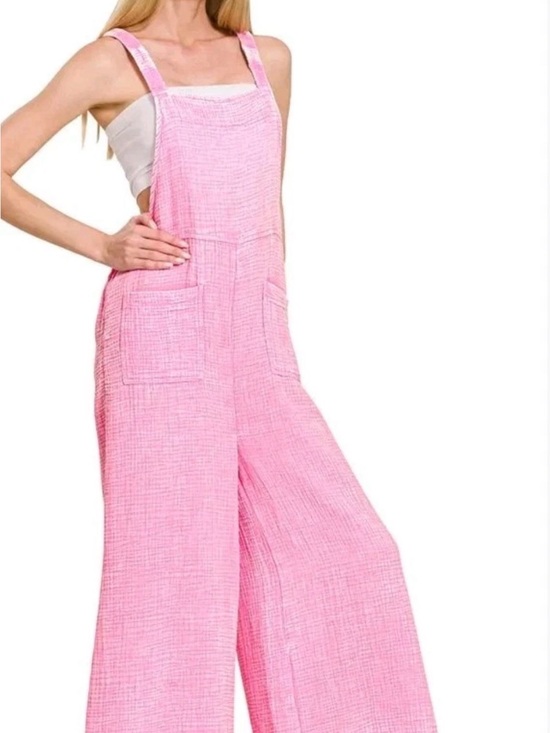Zenana Outfitters Pants - New Zenana Outfitters Pink Wide-Leg Overalls Jumpsuit Mineral Washed Gauze S-L